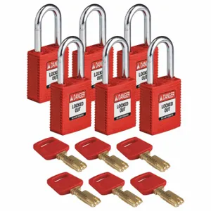 BRADY NYL-RED-38ST-KD6PK Lockout Padlock, Keyed Different, Nylon, Std Body Body Size, Steel, Std, Red, 6 Pack Size | CP2FGQ 55JX77