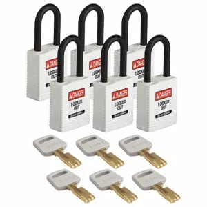 BRADY NYL-WHT-38PL-KD6PK Lockout Padlock, Keyed Different, Nylon, Std Body Body Size, Plastic, Std, White | CP2FFU 55JY13