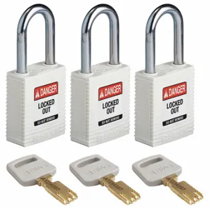 BRADY NYL-WHT-38ST-KA3PK Lockout Padlock, Keyed Alike, Nylon, Std Body Body Size, Steel, Std, White, 3 Pack Size | CP2FDG 55JX67