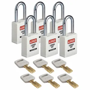 BRADY NYL-WHT-38ST-KD6PK Lockout Padlock, Keyed Different, Nylon, Std Body Body Size, Steel, Std, White | CP2FGT 55JX85