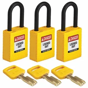 BRADY NYL-YLW-38PL-KA3PK Lockout Padlock, Keyed Alike, Nylon, Std Body Body Size, Plastic, Std, Yellow, 3 Pack Size | CP2FCW 55JX87