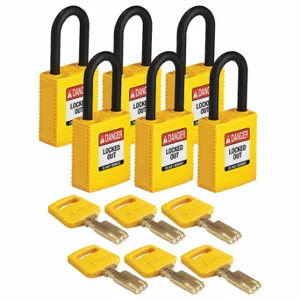 BRADY NYL-YLW-38PL-KD6PK Lockout Padlock, Keyed Different, Nylon, Std Body Body Size, Plastic, Std, Yellow | CP2FFW 55JY06