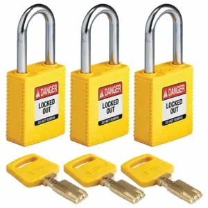 BRADY NYL-YLW-38ST-KA3PK Lockout Padlock, Keyed Alike, Nylon, Std Body Body Size, Steel, Std, Yellow, 3 Pack Size | CP2FDJ 55JX60