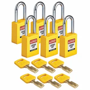 BRADY NYL-YLW-38ST-KA6PK Lockout Padlock, Keyed Alike, Nylon, Std Body Body Size, Steel, Std, Yellow, 6 Pack Size | CP2FDK 55JX69