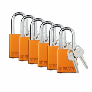 BRADY SDAL-ORG-38ST-KA6 Padlock, Keyed Alike, Aluminum, Std Body Body Size, Steel, Std, Orange, 6 Pack Size | CP2FNT 793EG2