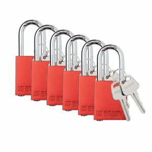 BRADY SDAL-RED-38ST-KA6 Padlock, Keyed Alike, Aluminum, Std Body Body Size, Steel, Std, Red, 6 Pack Size | CP2FNW 793EF8