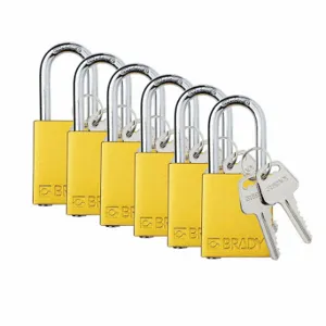 BRADY SDAL-YLW-38ST-KD6 Padlock, Keyed Different, Aluminum, Std Body Body Size, Steel, Std, Yellow, 6 Pack Size | CP2FPX 793EF4