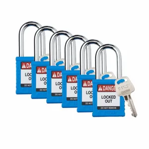 BRADY SDPL-BLU-38ST-KD6 Padlock, Keyed Different, Nylon, Std Body Body Size, Steel, Std, Blue, 6 Pack Size | CP2FQJ 793EA7