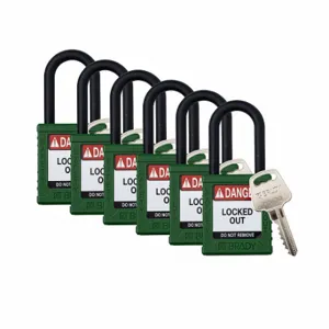 BRADY SDPL-GRN-38PL-KA6 Padlock, Keyed Alike, Nylon, Std Body Body Size, Plastic, Std, Green, 6 Pack Size | CP2FHK 793EE2