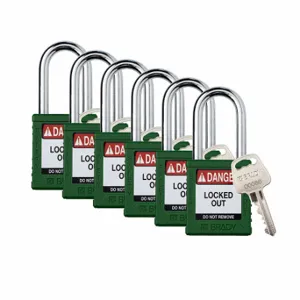 BRADY SDPL-GRN-38ST-KA6 Padlock, Keyed Alike, Nylon, Std Body Body Size, Steel, Std, Green, 6 Pack Size | CP2FPD 793EC3