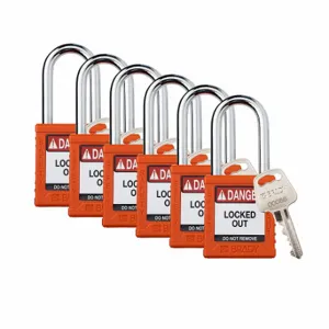 BRADY SDPL-ORG-38ST-KD6 Padlock, Keyed Different, Nylon, Std Body Body Size, Steel, Std, Orange, 6 Pack Size | CP2FQN 793EA8