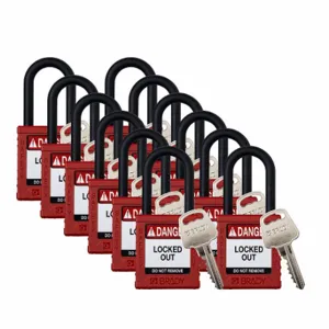 BRADY SDPL-RED-38PL-KD12 Padlock, Keyed Different, Nylon, Std Body Body Size, Plastic, Std, Red, 12 Pack Size | CP2FQE 793EE4