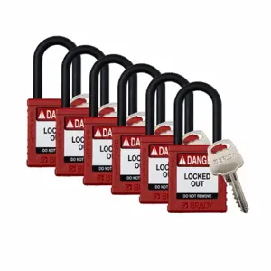 BRADY SDPL-RED-38PL-KD6 Padlock, 6 Pins, Red, PK 6, Keyed Different, Nylon, Std Body Body Size, Plastic, Std, Red | CP2FQX 793ED4