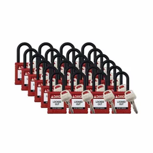 BRADY SDPL-RED-38PL-KD24 Padlock, Keyed Different, Nylon, Std Body Body Size, Plastic, Std, Red, 24 Pack Size | CP2FQF 793EE6