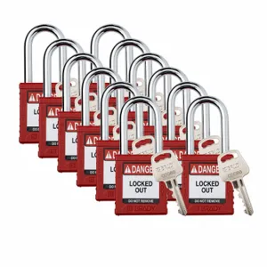 BRADY SDPL-RED-38ST-KD12 Padlock, Keyed Different, Nylon, Std Body Body Size, Steel, Std, Red, 12 Pack Size | CP2FQQ 793EC5