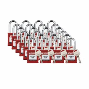 BRADY SDPL-RED-38ST-KD24 Padlock, Keyed Different, Nylon, Std Body Body Size, Steel, Std, Red, 24 Pack Size | CP2FQR 793EC7