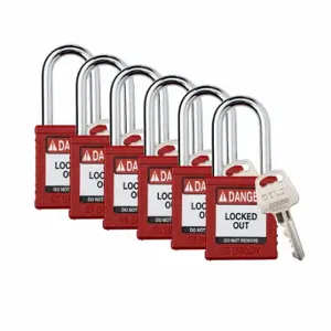 BRADY SDPL-RED-38ST-KD6 Padlock, Keyed Different, Nylon, Std Body Body Size, Steel, Std, Red, 6 Pack Size | CP2FQT 793EA5