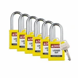 BRADY SDPL-YLW-38ST-KA6 Padlock, Keyed Alike, Nylon, Std Body Body Size, Steel, Std, Yellow, 6 Pack Size | CP2FPJ 793EC1