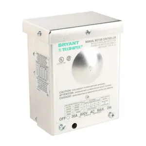 BRYANT 30302D Manual Motor Controller, Enclosed, 30A, 600 VAC, 2-Pole, 15Hp, Wall Mount | CV6NXE