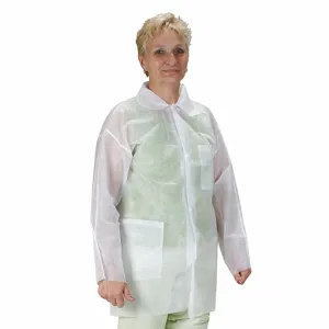 CONDOR 2KTT2 Disposable Lab Coat, Mandarin Collar, Open Cuff, Polypropylene, White, L, 25 PK | CR2DCN