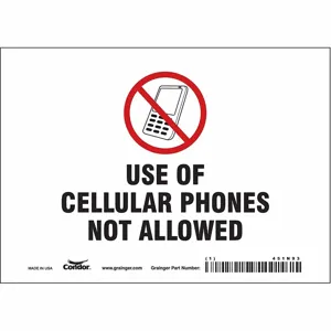 CONDOR 451N93 Safety Sign Cell Phone, No Header, 7 Inch Width, 5 Inch Height, English, Vinyl | CE9LER