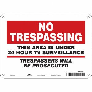CONDOR 453N63 Security Sign, No Trespassing, 10 Inch Width, 7 Inch Height, English, Vinyl | CE9JXD