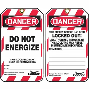 CONDOR 48RU19 Do Not Energize This Lock/Tag May Only Be Removed By Lockout Tag, Plastic, 5 3/4 Inch x 3 1/4 Inch Size | CH6KBK