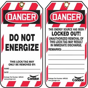 CONDOR 48RU20 Do Not Energize This Lock/Tag May Only Be Removed By Lockout Tag, Plastic, 5 3/4 Inch x 3 1/4 Inch Size | CH6KBL