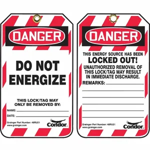 CONDOR 48RU21 Do Not Energize This Lock/Tag May Only Be Removed By Lockout Tag, Plastic, 5 3/4 Inch x 3 1/4 Inch Size | CH6KBM