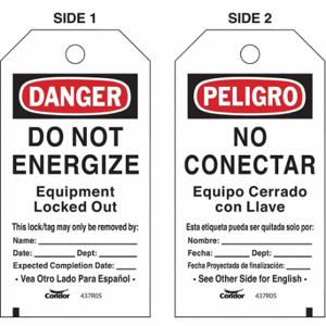 CONDOR CNDR-51511-2 Lockout Tag, Peligro/Danger, Locked Out Device, Polyester, Write-On Surface, English | CR2DZC 437R05