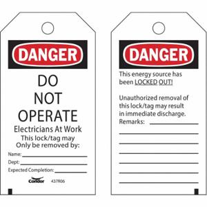 CONDOR CNDR-51511-3 Lockout Tag, Danger/Peligro, Danger Do Not Operate, Polyester, Remarks, Write-On Surface | CR2DZB 437R06
