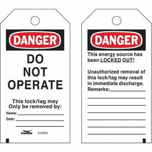 CONDOR CNDR-51511-6 Lockout Tag, Danger, Danger Do Not Operate, Polyester, Remarks, Write-On Surface, English | CR2DZA 437R09