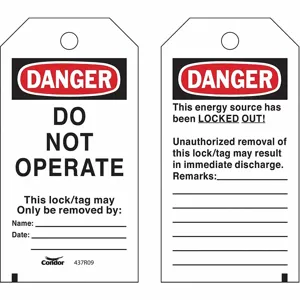 CONDOR CNDR-51511-6 Lockout Tag, Danger, Danger Do Not Operate, Polyester, Remarks, Write-On Surface, English | CR2DZA 437R09