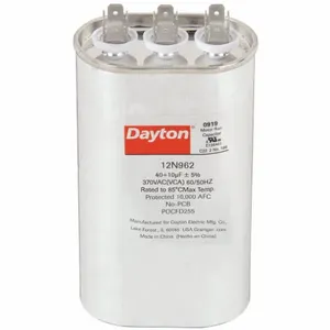 DAYTON 12N962 Motor Dual Run Capacitor, Oval, 370V AC, 40/10 mfd, 5 1/4 Inch Overall Height | CJ2VRV