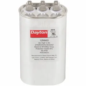 DAYTON 12N963 Motor Dual Run Capacitor, Oval, 370V AC, 45/10 mfd, 5 1/4 Inch Overall Height | CJ2VRD