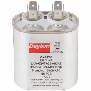 DAYTON 2MDV3 Motor Run Capacitor, Oval, 370VAC, 4, 2 13/16 Inch Overall Height | CH6JHP