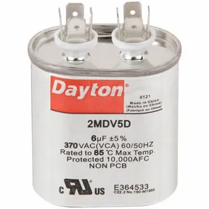 DAYTON 2MDV5 Motor Run Capacitor, Oval, 370VAC, 6, 2 11/16 Inch Overall Height | CH6JHQ