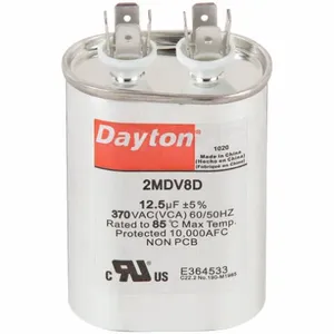 DAYTON 2MDV8 Motor Run Capacitor, Oval, 370VAC, 12.5, 3 5/16 Inch Overall Height | CH6JHR