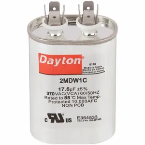 DAYTON 2MDW1 Motor Run Capacitor, Oval, 370V AC, 17.5 mfd, 3 5/16 Inch Overall Height | CJ2VVP