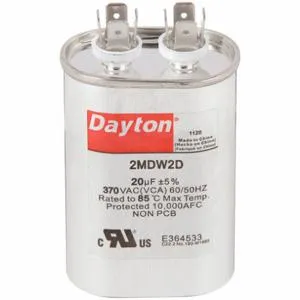 DAYTON 2MDW2 Motor Run Capacitor, Oval, 370VAC, 20, 3 1/2 Inch Overall Height | CH6JHT