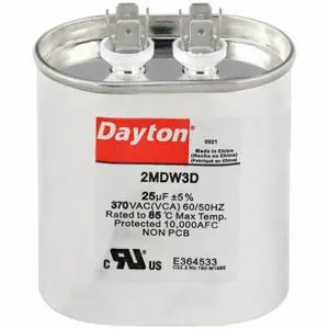 DAYTON 2MDW3 Motor Run Capacitor, Oval, 370V AC, 25 mfd, 3 1/2 Inch Overall Height | CJ2VWN