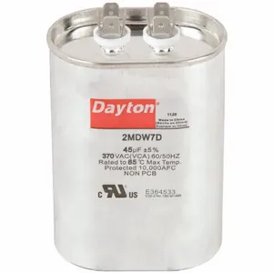 DAYTON 2MDW7 Motor Run Capacitor, Oval, 370V AC, 45 mfd, 4 1/2 Inch Overall Height | CJ2VWC