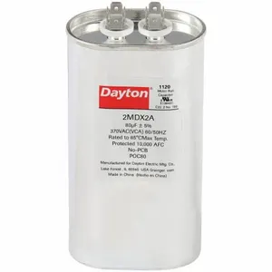 DAYTON 2MDX2 Motor Run Capacitor, Oval, 370V AC, 80 mfd, 5 5/8 Inch Overall Height | CJ2VWA