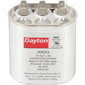 DAYTON 2MDX3 Motor Dual Run Capacitor, Oval, 370VAC, 15/5, 3 7/16 Inch Overall Height | CH6JHX