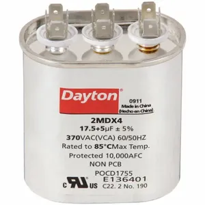 DAYTON 2MDX4 Motor Dual Run Capacitor, Oval, 370V AC, 17.5/5 mfd, 3 3/8 Inch Overall Height | CJ2VRB