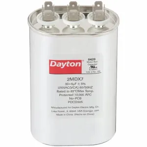 DAYTON 2MDX7 Motor Dual Run Capacitor, Oval, 370VAC, 30/5, 4 11/16 Inch Overall Height | CH6JHZ