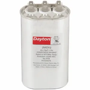 DAYTON 2MDY2 Motor Dual Run Capacitor, Oval, 370V AC, 40/7.5 mfd, 5 1/4 Inch Overall Height | CJ2VQZ