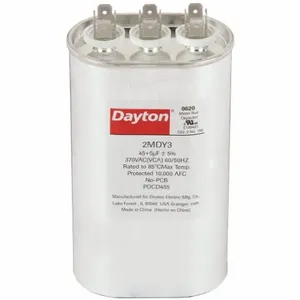 DAYTON 2MDY3 Motor Dual Run Capacitor, Oval, 370V AC, 45/5 mfd, 5 1/4 Inch Overall Height | CJ2VTN