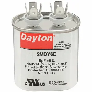 DAYTON 2MDY6 Motor Run Capacitor, Oval, 440VAC, 6 Microfarad Rating | CH6JJD