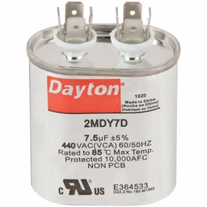 DAYTON 2MDY7 Motor Run Capacitor, Oval, 440VAC, 7.5, 2 11/16 Inch Overall Height | CH6JJE